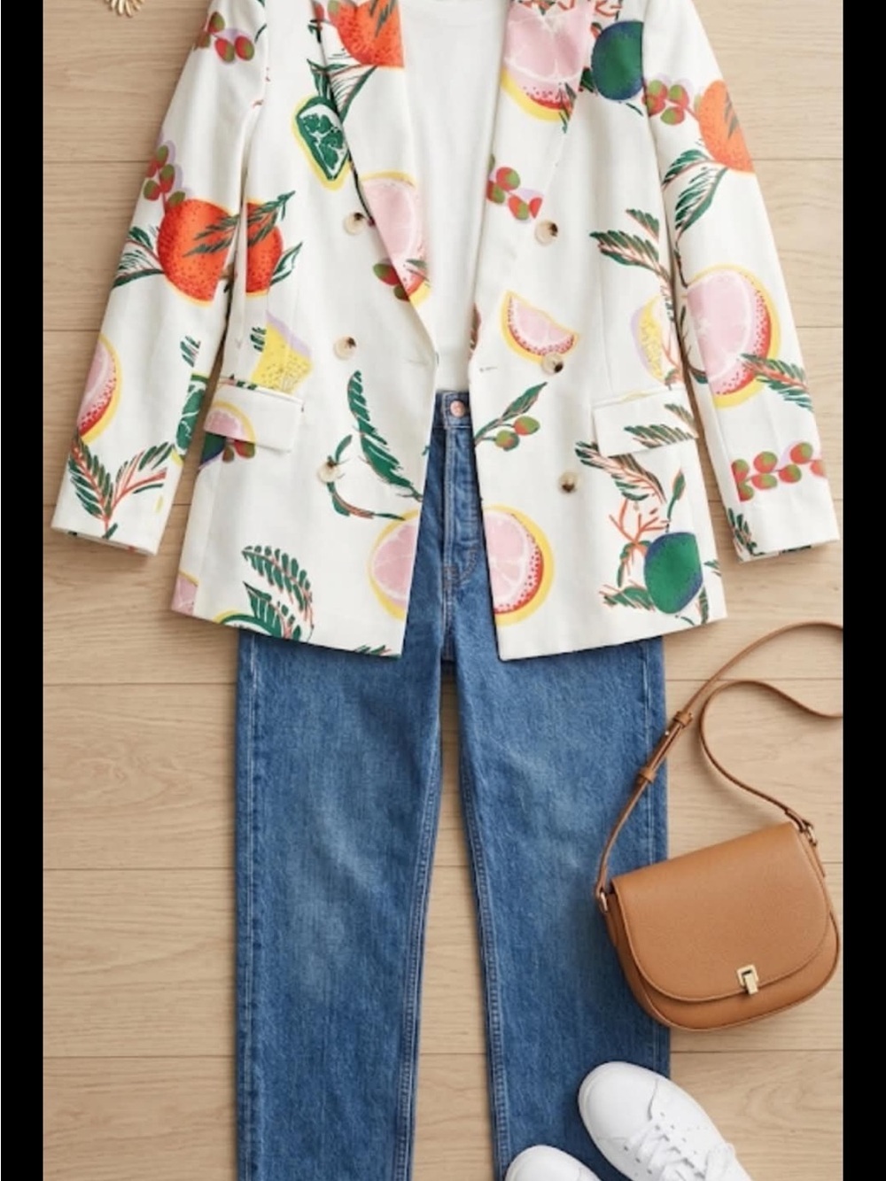 SHEIN White Double-Breasted Tropical Fruit Print Blazer